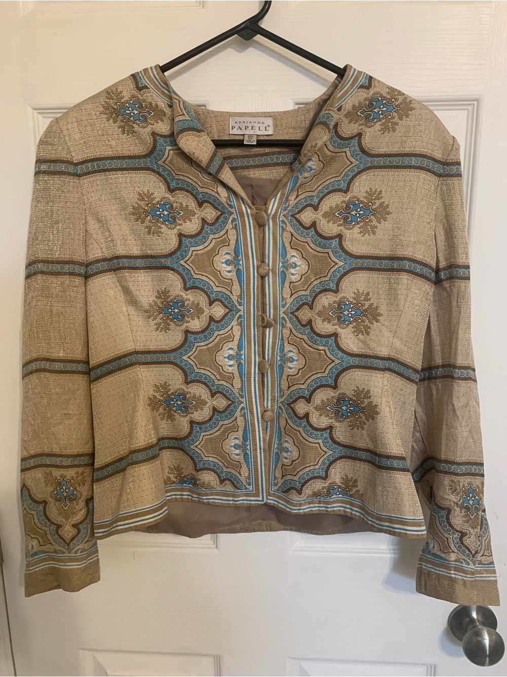 Adrianna Papell Beige Jacket with Blue Trimmed Pattern